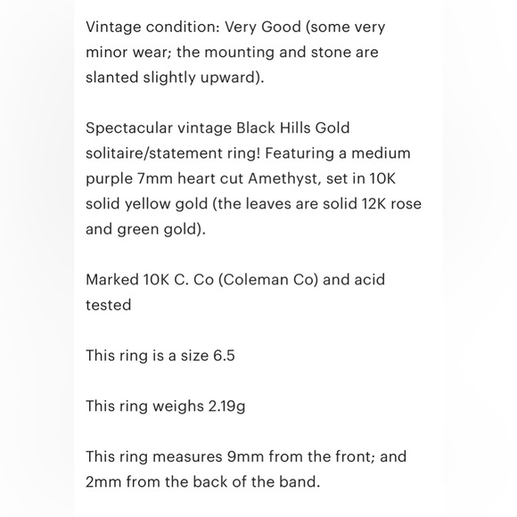 Vintage 10K Black Hills Gold Amethyst Heart Ring, Size 6.5 Solitaire, Coleman Co - Picture 8 of 16